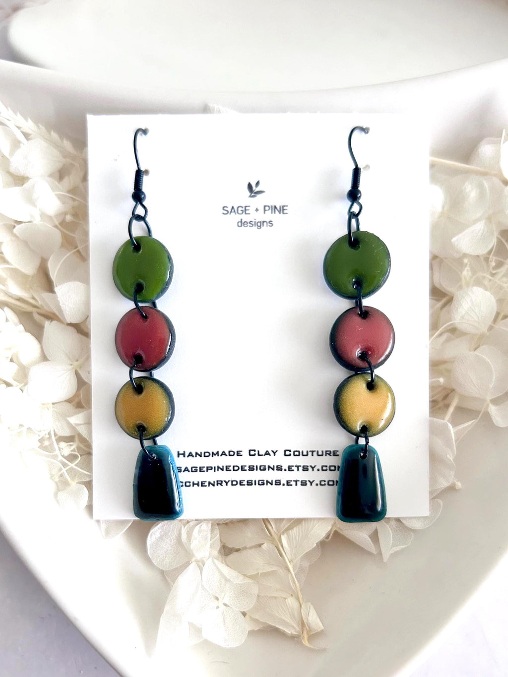 Olive Mustard Huggie Hoops, Bold Modern Earrings, Black Clay Dangles, Handmade Lightweight