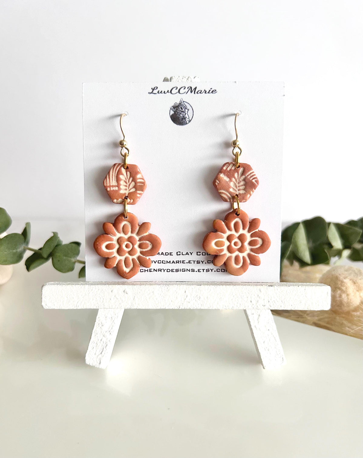 Terracotta Mexican Tile Dangles, Fall Earrings, Clay Bohemian Handmade Lightweight