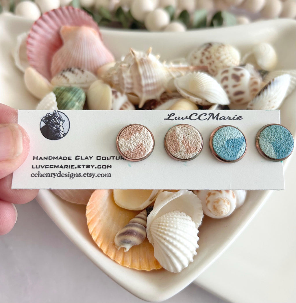 Beige and Blue Terrazzo Clay Stud Earrings Set, Beachy Coastal Vacation Studs, Handmade Jewelry