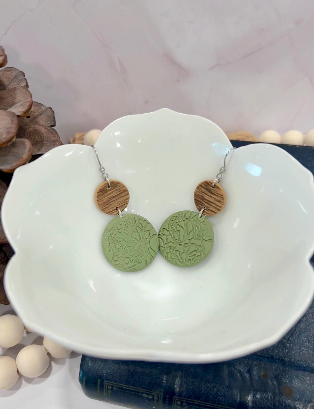 Olive Green Earrings, Stamped Clay Wood Embossed Floral Botanical Boho Handmade Fashion Jewelry