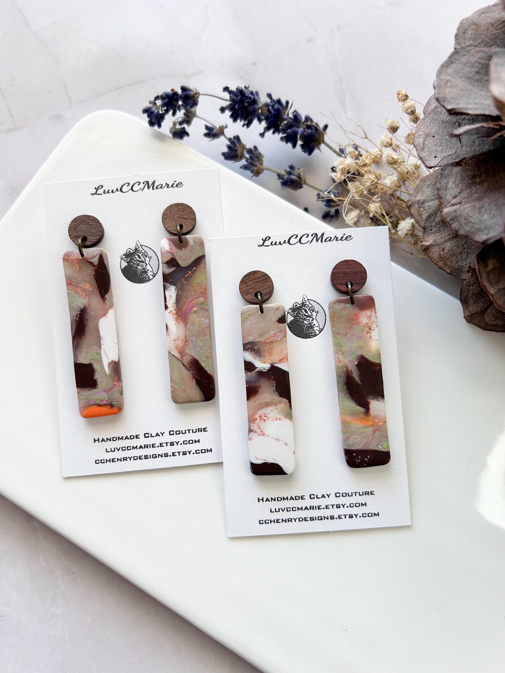 Brown Polymer Clay Earrings, Wood Stud Dangles, Handmade Fashion Jewelry Gift