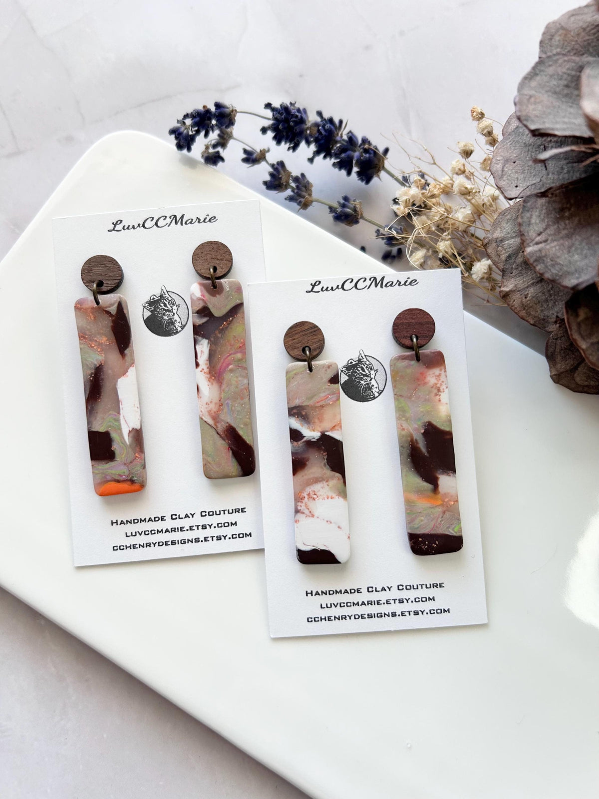 Brown Polymer Clay Earrings, Wood Stud Dangles, Handmade Fashion Jewelry Gift