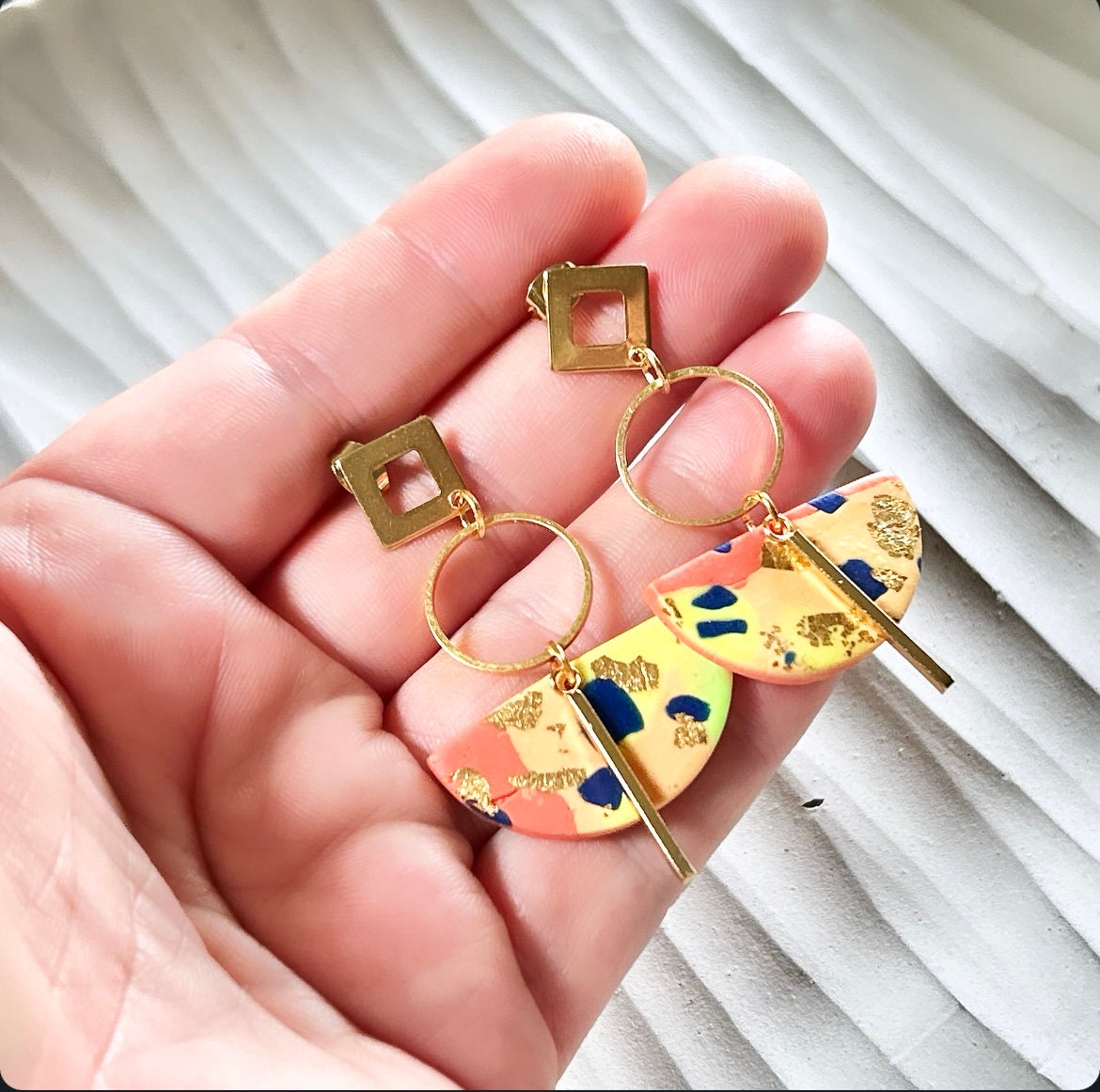 Neon Earrings, Geometric Dangles, Hoop Drop Polymer Clay Abstract Handmade Jewelry
