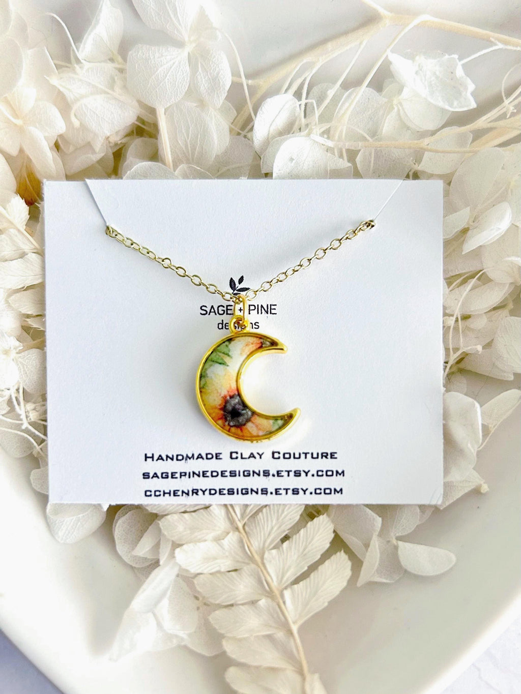 Sunflower Moon Charm Necklace, Yellow and Green Floral Pendant, Handmade Fashion Clay Jewelry