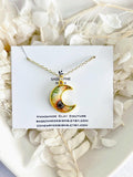 Sunflower Moon Charm Necklace, Yellow and Green Floral Pendant, Handmade Fashion Clay Jewelry