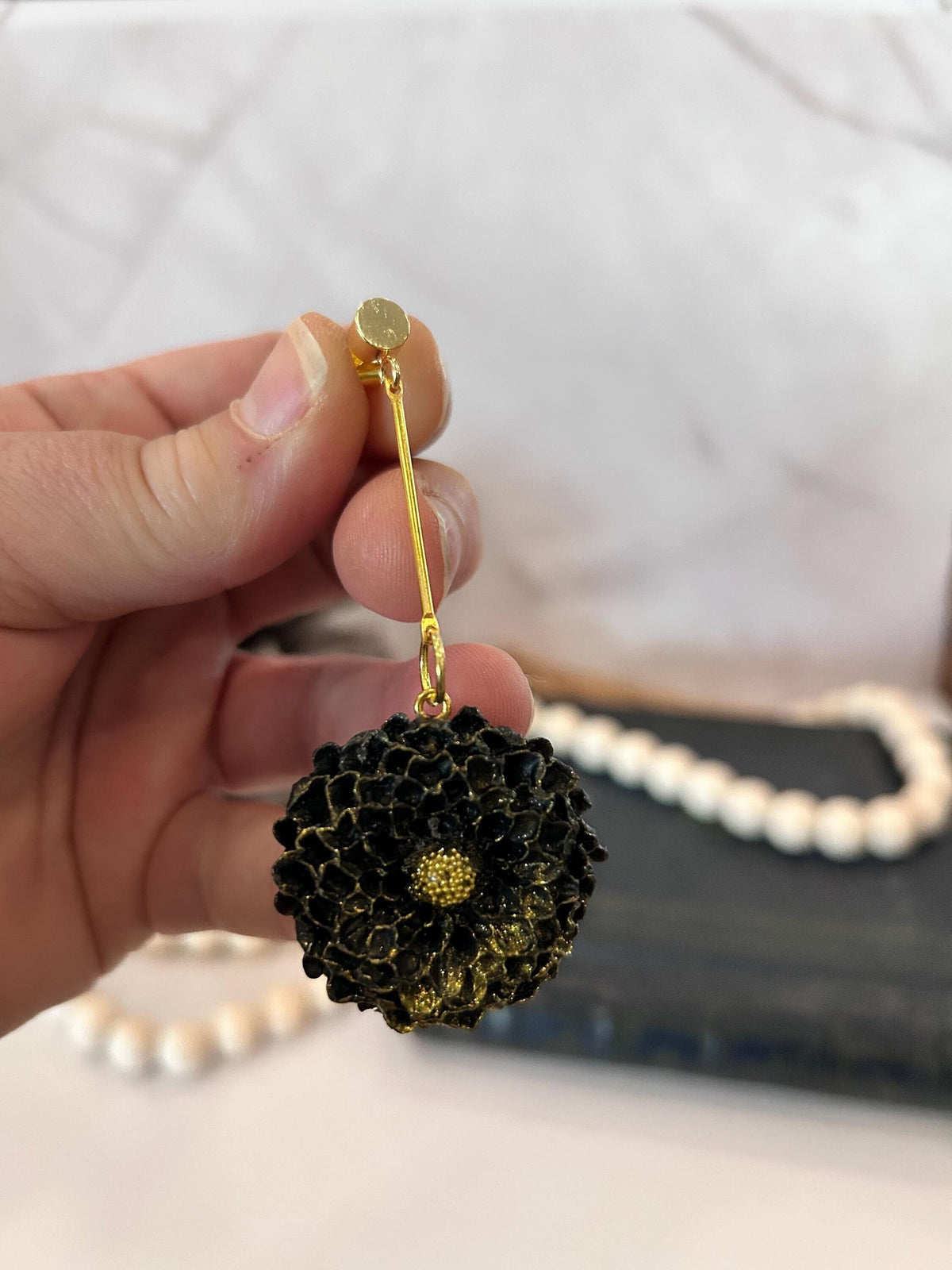 Handmade Black Dahlia Clay Earrings: Gold Floral Bar Dangles