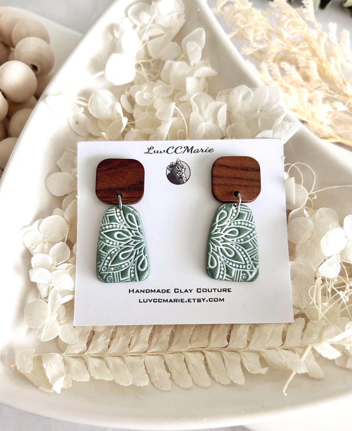Sage and White Clay Earrings, Mandala Dangles, Floral Clay & Wood Boho Neutral Handmade Jewelry