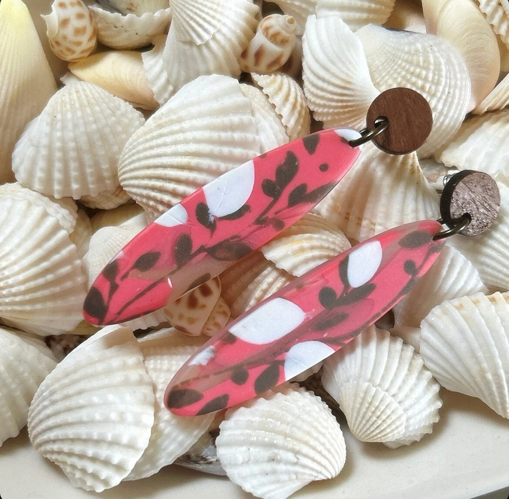 Coral Floral Clay Earrings: Boho Walnut Wood Dangles