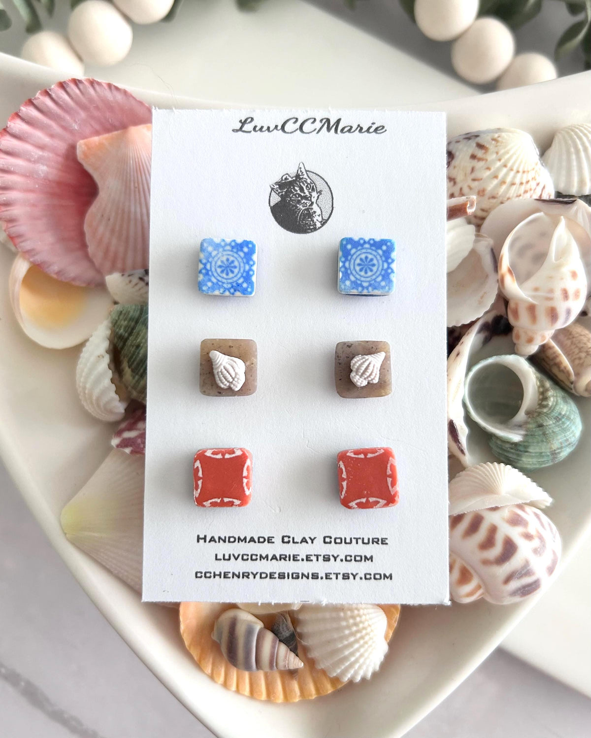 Tile Studs, Santorini Clay Stud Set, Mediterranean Vacation Boho Earrings, Handmade Jewelry, Stocking Stuffers