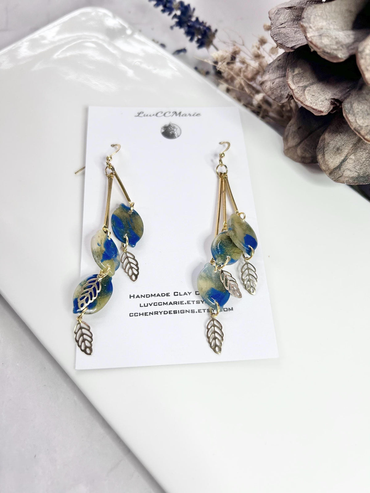 Navy Blue Dangle Earrings, Lemon Bar Clay Dangles, Gold Leaf Fall Earrings, Boho Jewelry