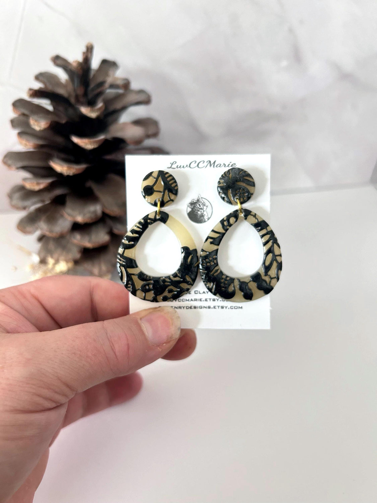 Black and Beige Lace Teardrop Wedding Earrings, Black Clay Bridal Dangles, Handmade Jewelry