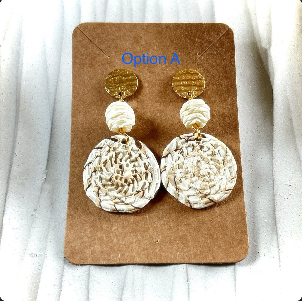 Handmade Clay Dangle Earrings, Raffia Dangles, Neutral Unique Boho Jewelry