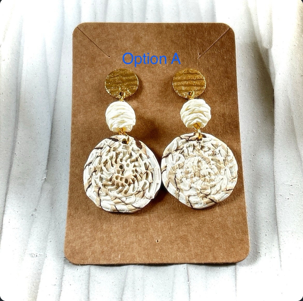 Handmade Clay Dangle Earrings, Raffia Dangles, Neutral Unique Boho Jewelry
