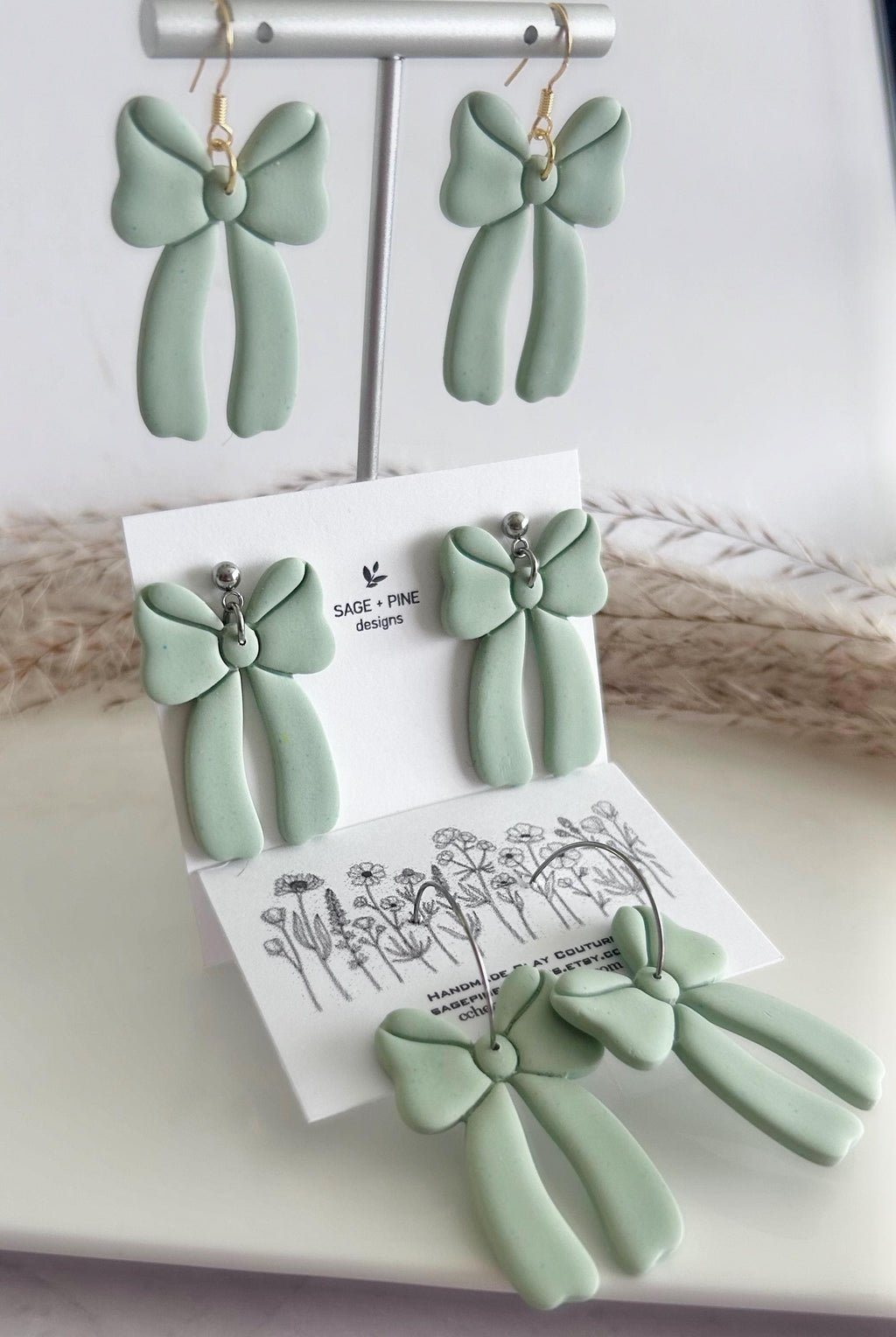 Sage Green Bow Earrings, Fall Statement Hoop Dangles, Boho Clay Handmade Jewelry