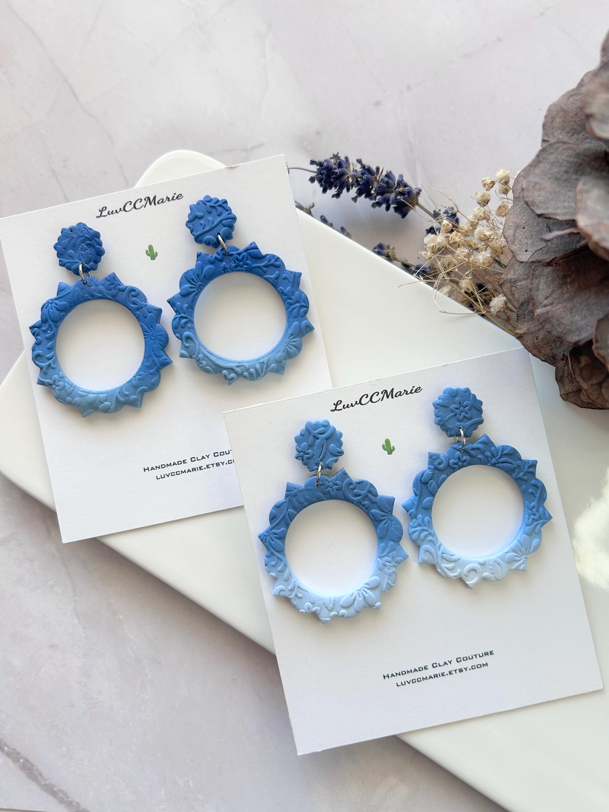 Boho Drop Hoop Earrings, Blue Ombre Statement Dangles, Handmade Clay Unique Gift
