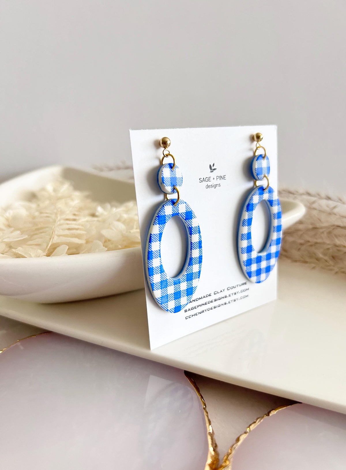 Navy Blue Gingham Check Hoop Dangles, Summer Earrings, Retro Clay Handmade Fashion Jewelry Gift