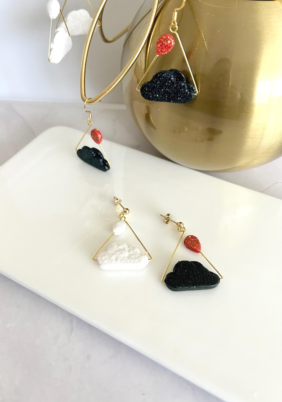 Rain Cloud Earrings, Red, White, Black, Gold, Handmade Clay Unique Gift