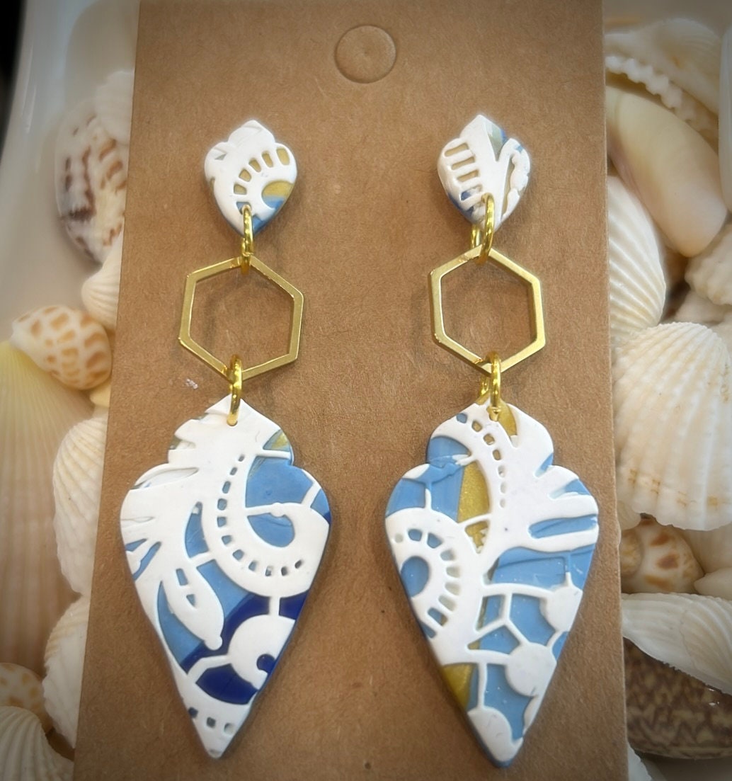 White Lace Clay Earrings, Navy Blue & Gold Dangles, Handmade Wedding Gift for the Bride