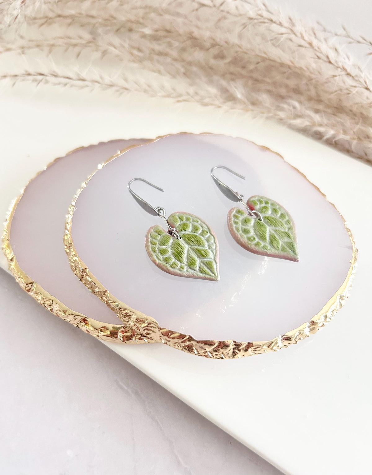 String of Hearts Leaf Earrings, Olive Pink Leaf Dangles, Clay Drop Houseplant Jewelry