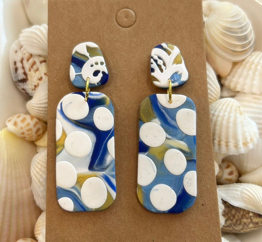 Handmade Clay Polka Dot Stud Dangles, Cobalt, White & Gold Dangle Earrings, Long Boho Jewelry