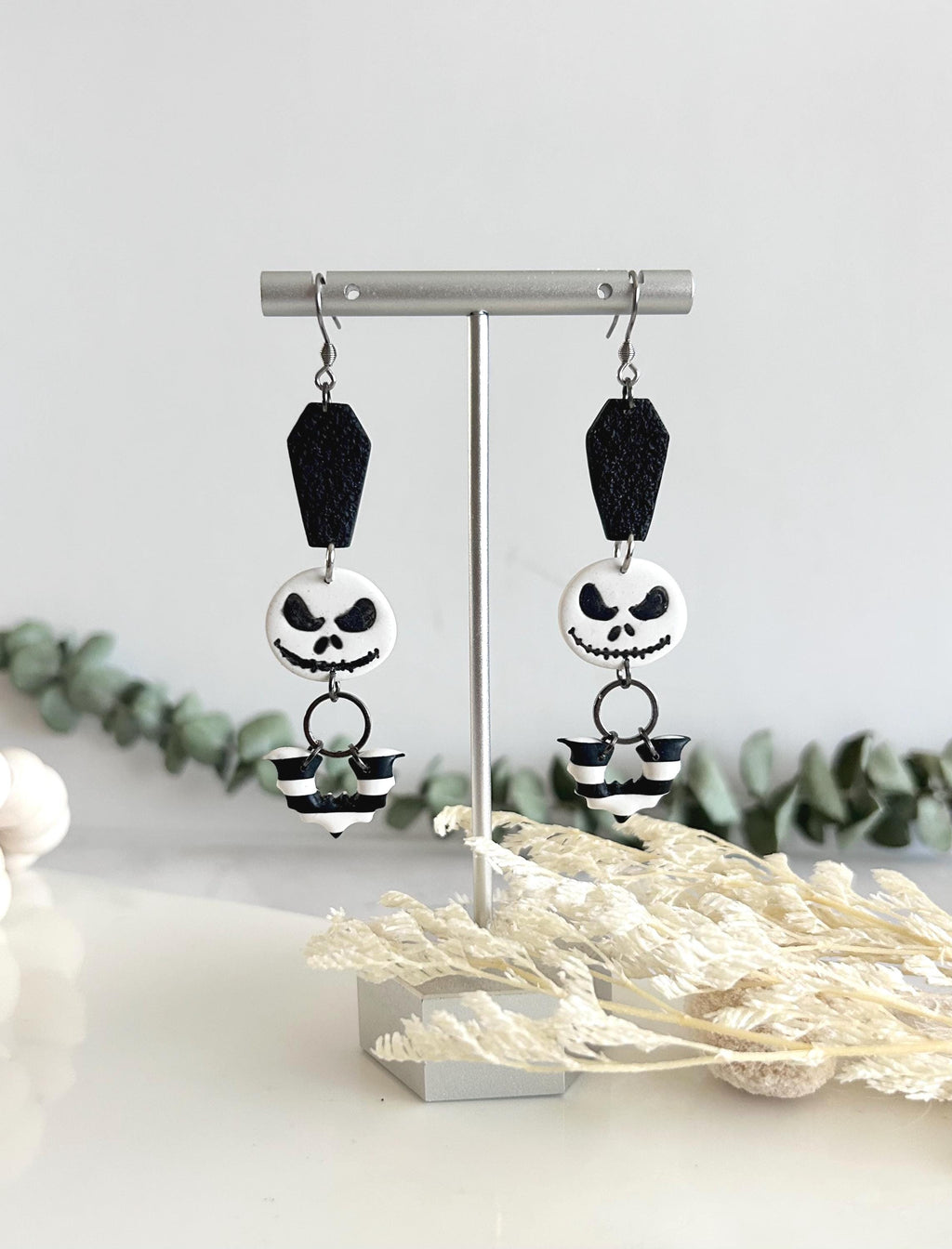 Handmade Clay Halloween Earrings, Black and White Skull Dangles, Jack Coffin Bat