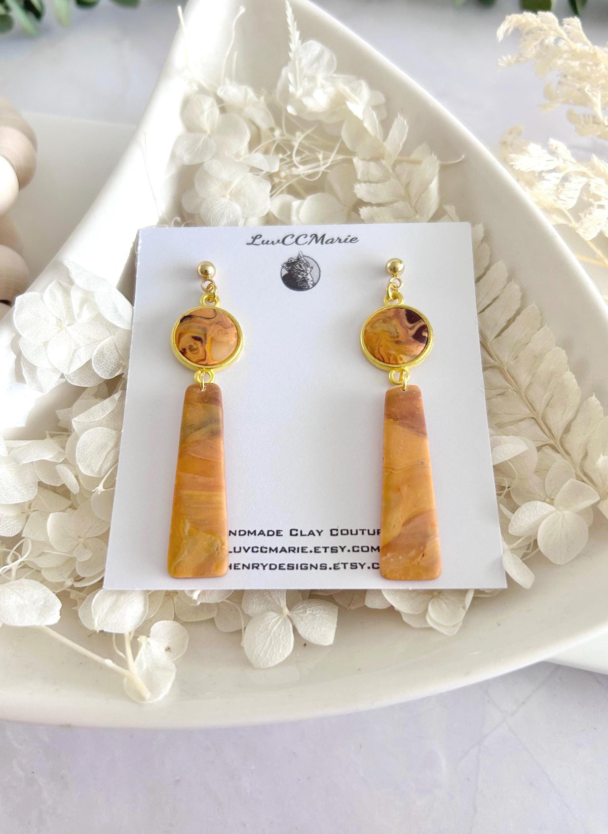 Mustard Yellow Clay Earrings, Abstract Bar Dangles, Long Drop Mid-century Modern Handmade Boho Jewelry