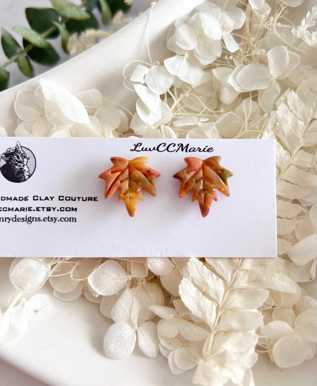 Maple Leaf Stud Earrings, Clay Studs, Handmade Multicolor Fall Jewelry
