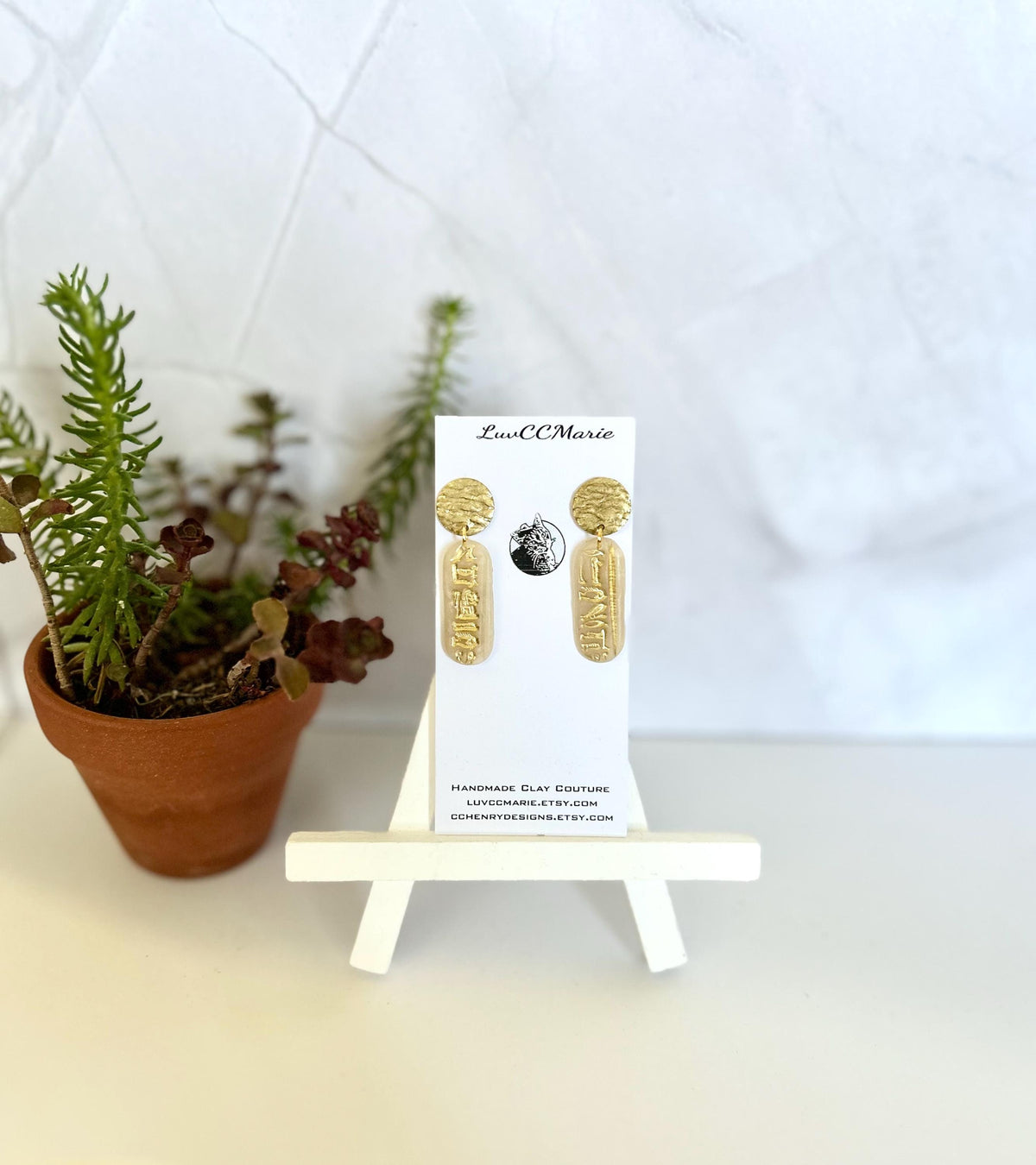 Egypt Earrings, Cartouche Bar Dangles, Egyptian Hieroglyph Clay Jewelry