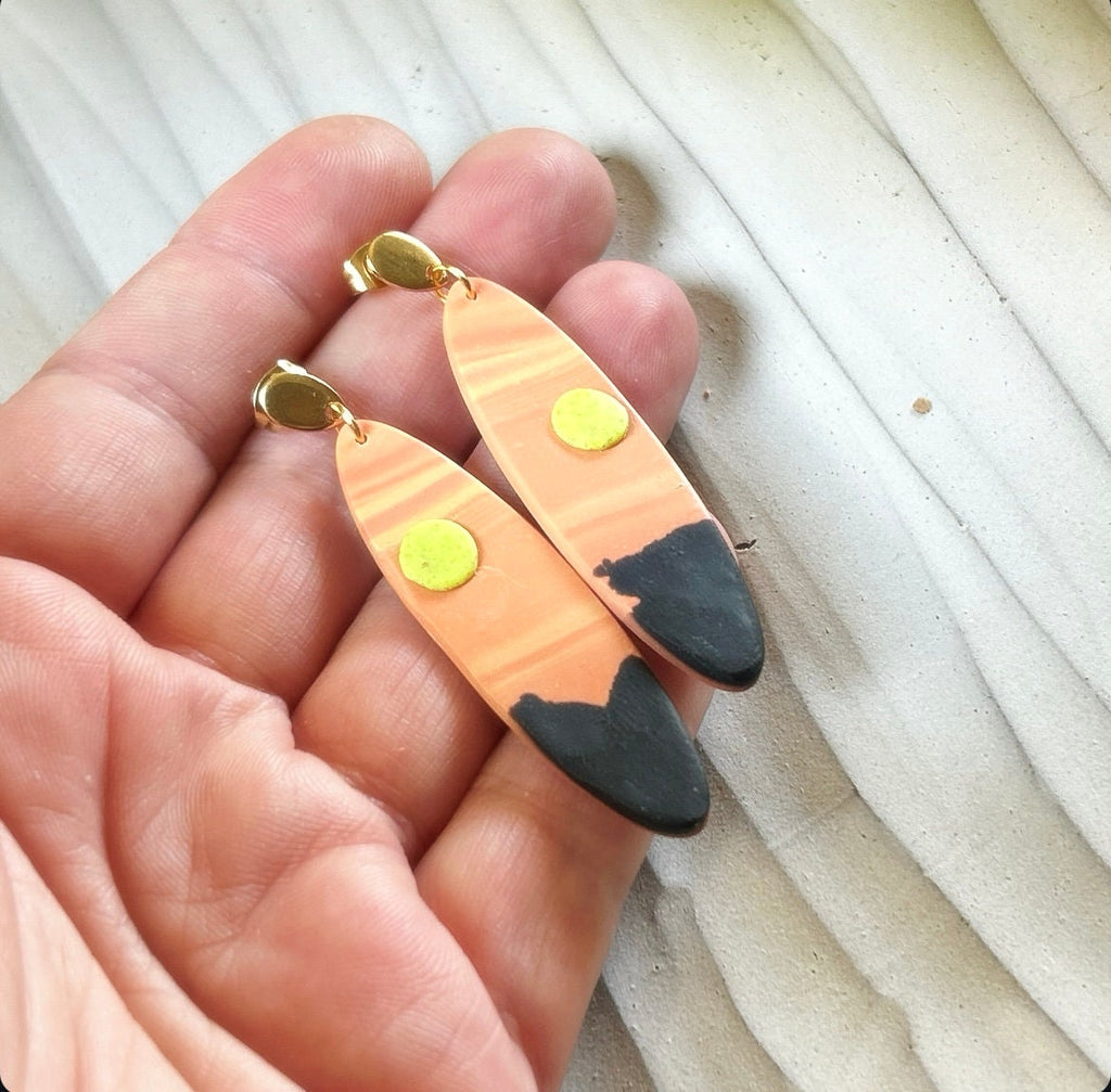 Orange Surfboard Clay Earrings, Handmade Boho Vacation Jewelry, Sunset Dangles