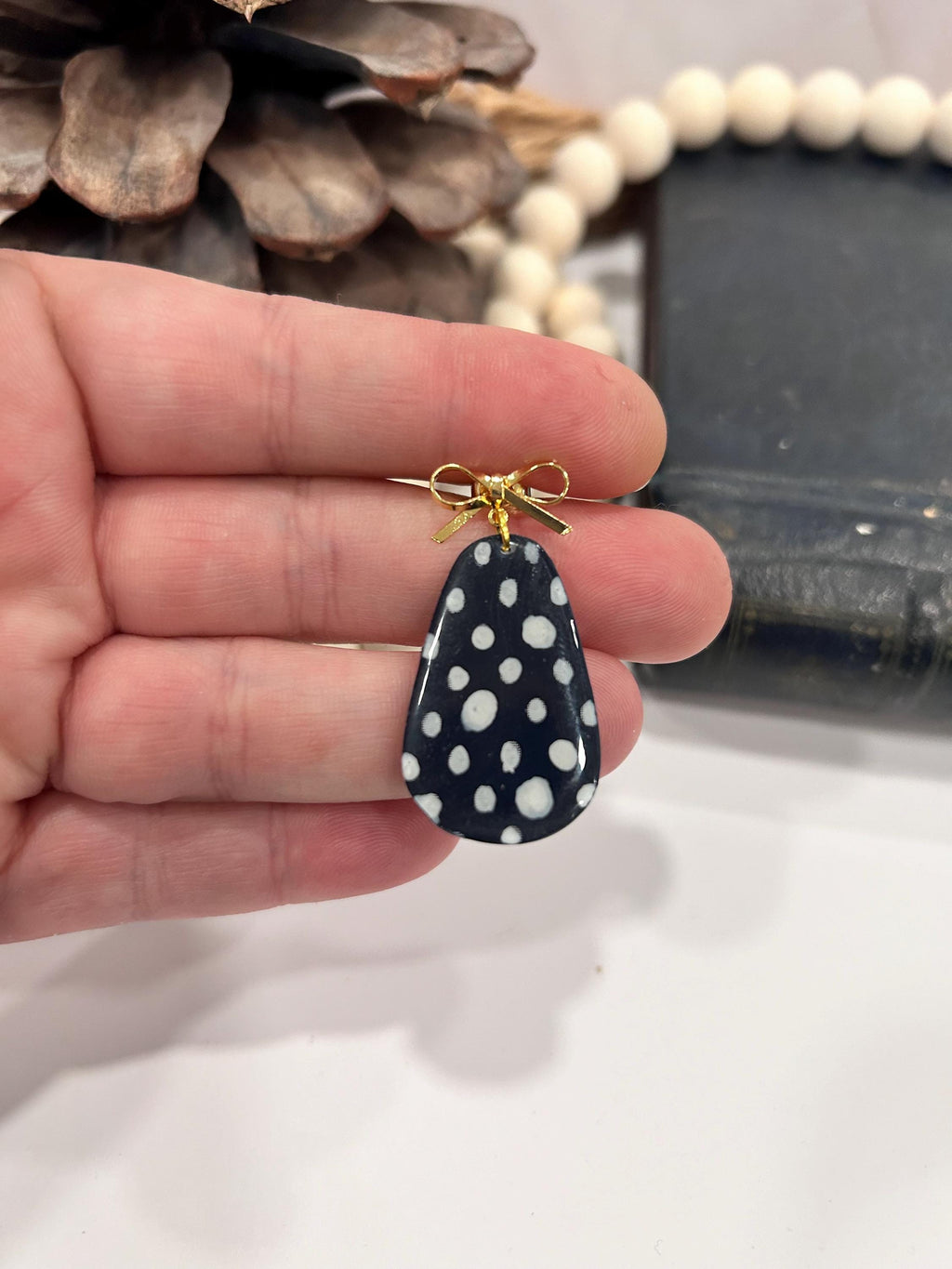Hand Painted Navy Blue & White Polka Dot Earrings, Gold Bow Drop Dangles, Handmade Jewelry