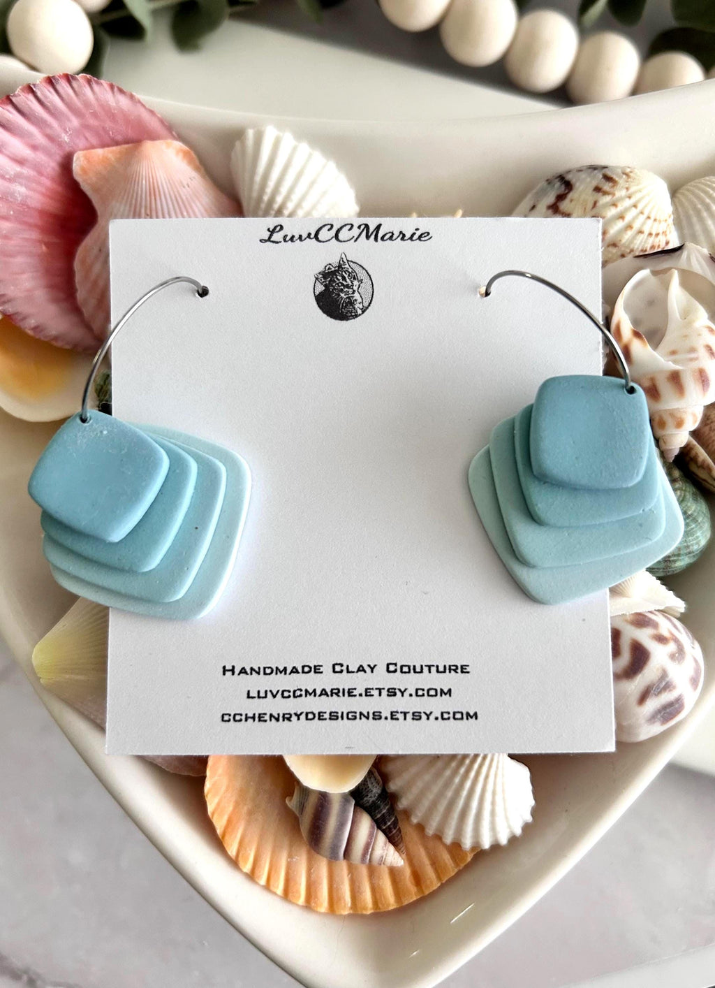 Pink or Blue Pastel Earrings, Dangle Hoops, Geometric Clay Dangles, Beach Vacation Jewelry Gift