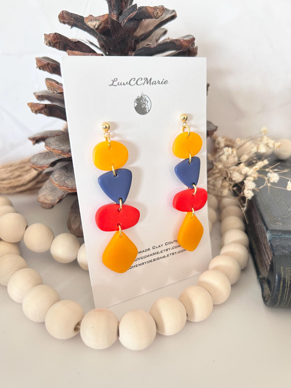 Multicolor Polymer Clay Geometric Earrings, Navy Orange Red, Handmade Fashion Jewelry Gift