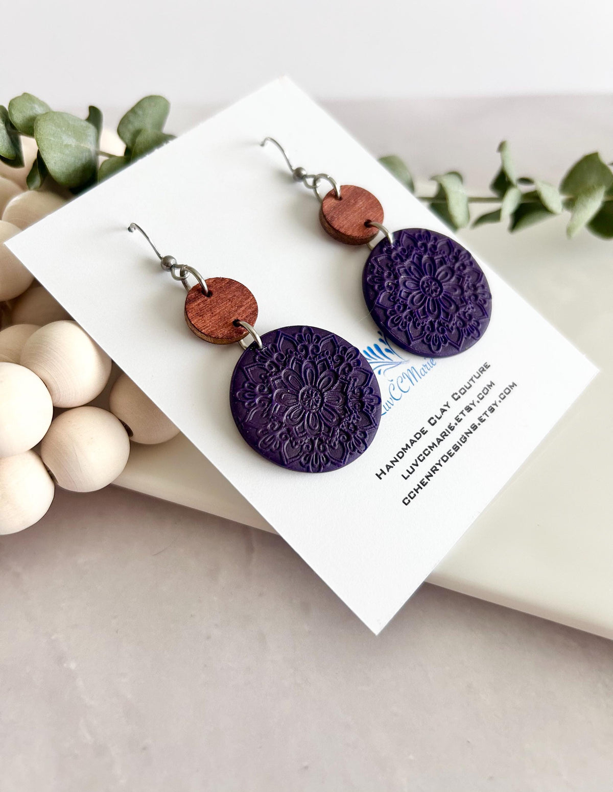 Burgundy Earrings, Embossed Floral Clay Dangles, 18k Gold Fall Jewelry, Brown Wood Handmade Lightweight