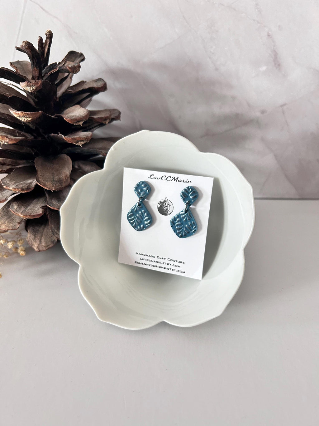 Handmade Embossed Clay Earrings: Blue Gray Boho Dangles