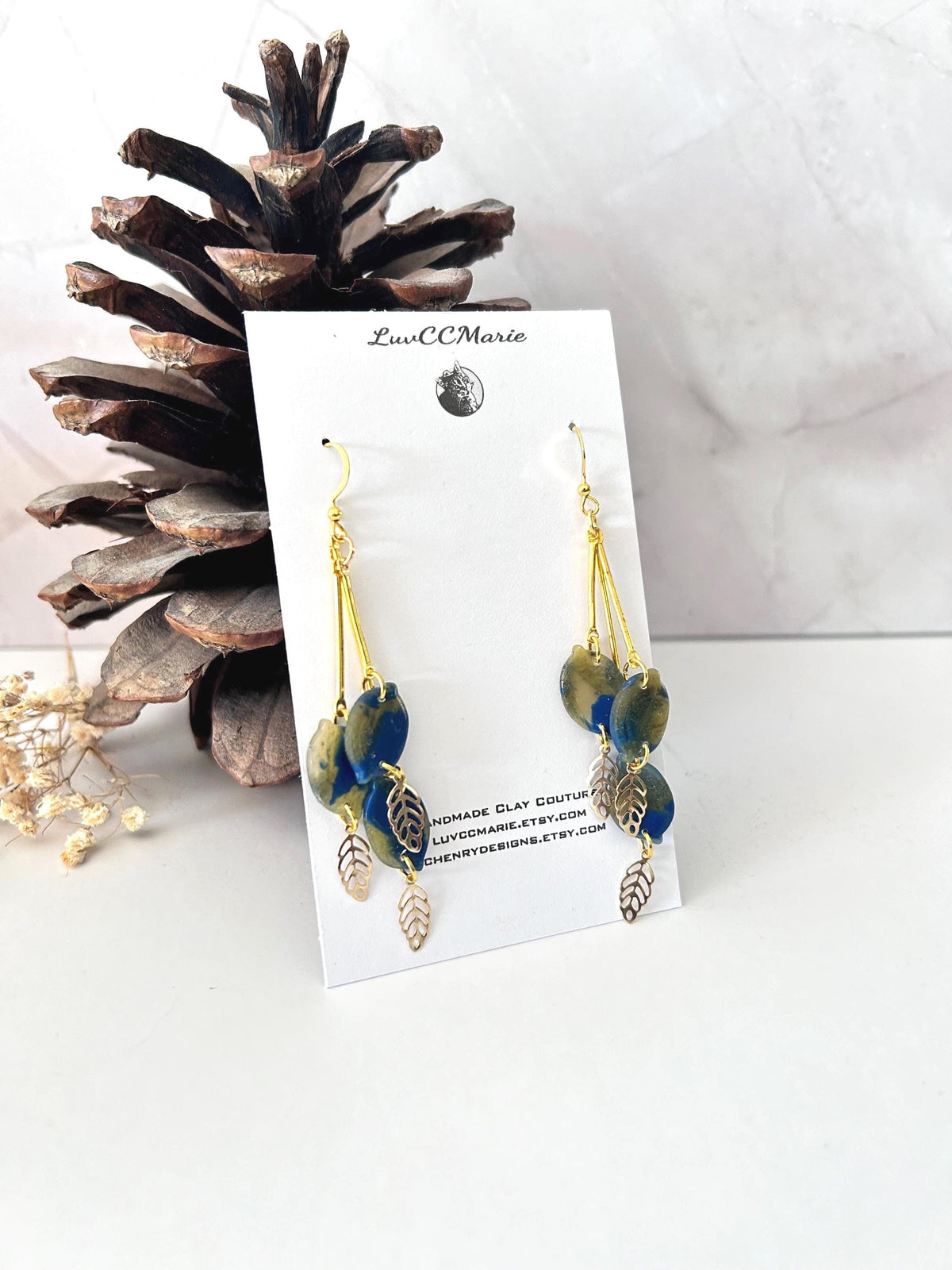 Navy Blue Dangle Earrings, Lemon Bar Clay Dangles, Gold Leaf Fall Earrings, Boho Jewelry