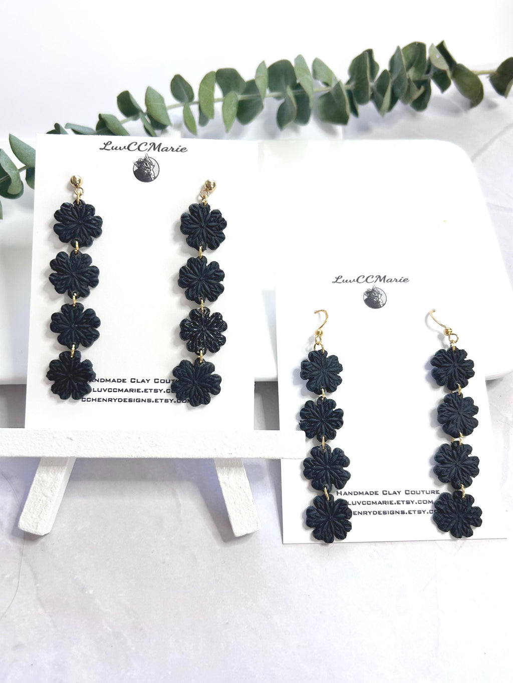 Black Daisy Chain Dangle Earrings: Handmade Boho Clay Floral Jewelry