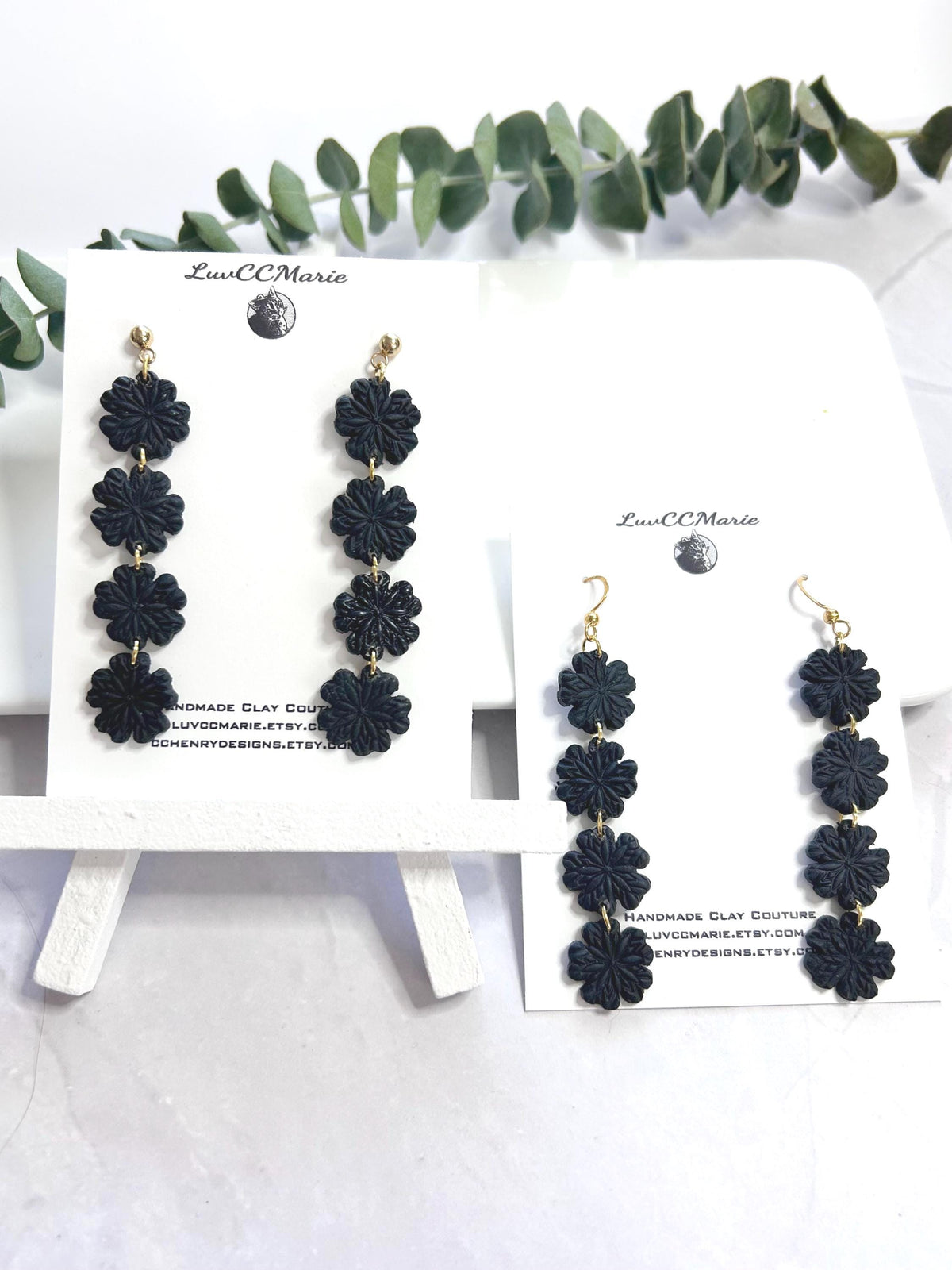 Black Daisy Chain Dangle Earrings: Handmade Boho Clay Floral Jewelry