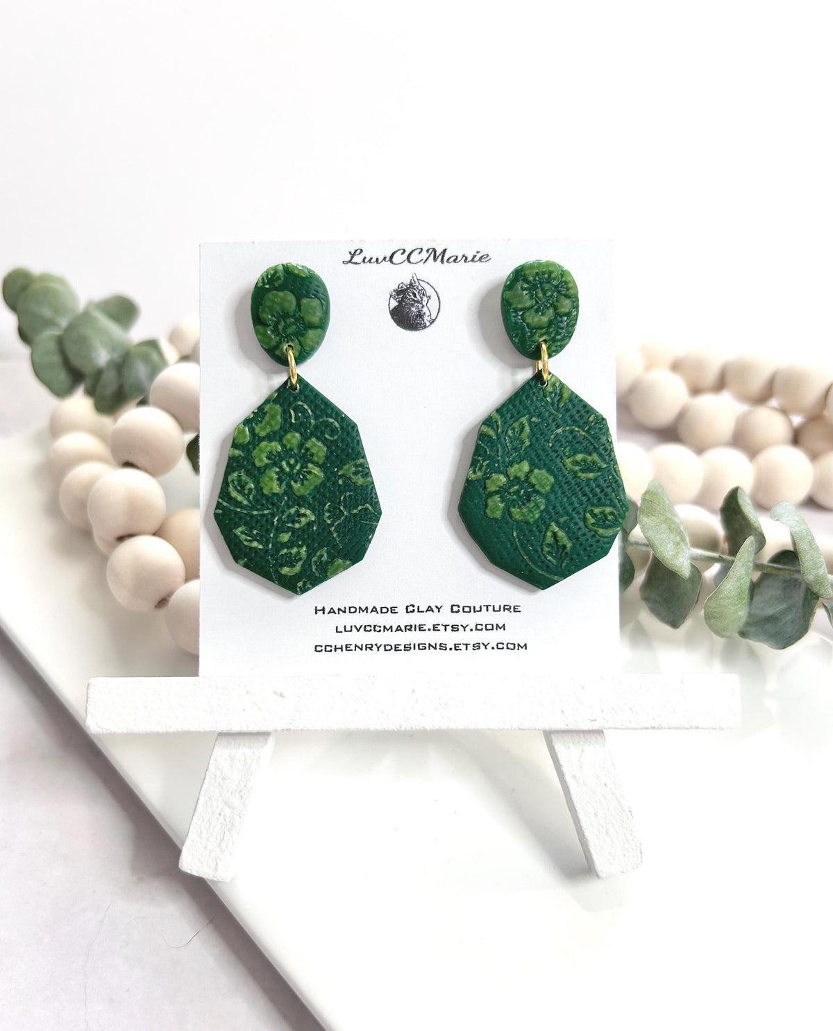 Handmade Green Floral Clay Earrings: Boho Drop Dangles