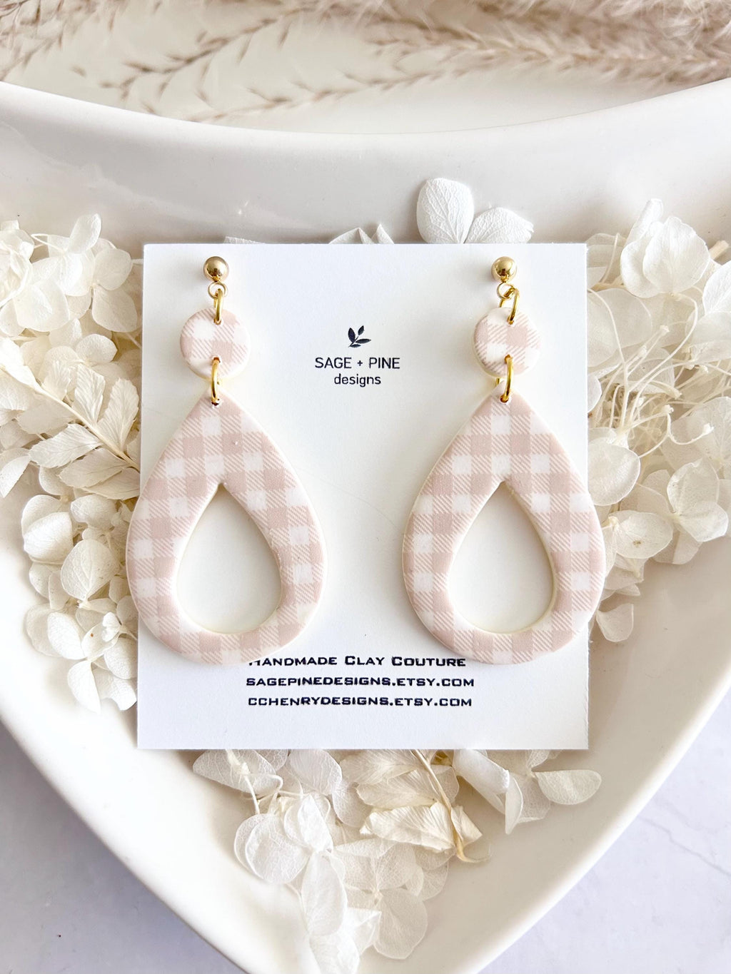 Navy Blue Gingham Check Hoop Dangles, Summer Earrings, Retro Clay Handmade Fashion Jewelry Gift