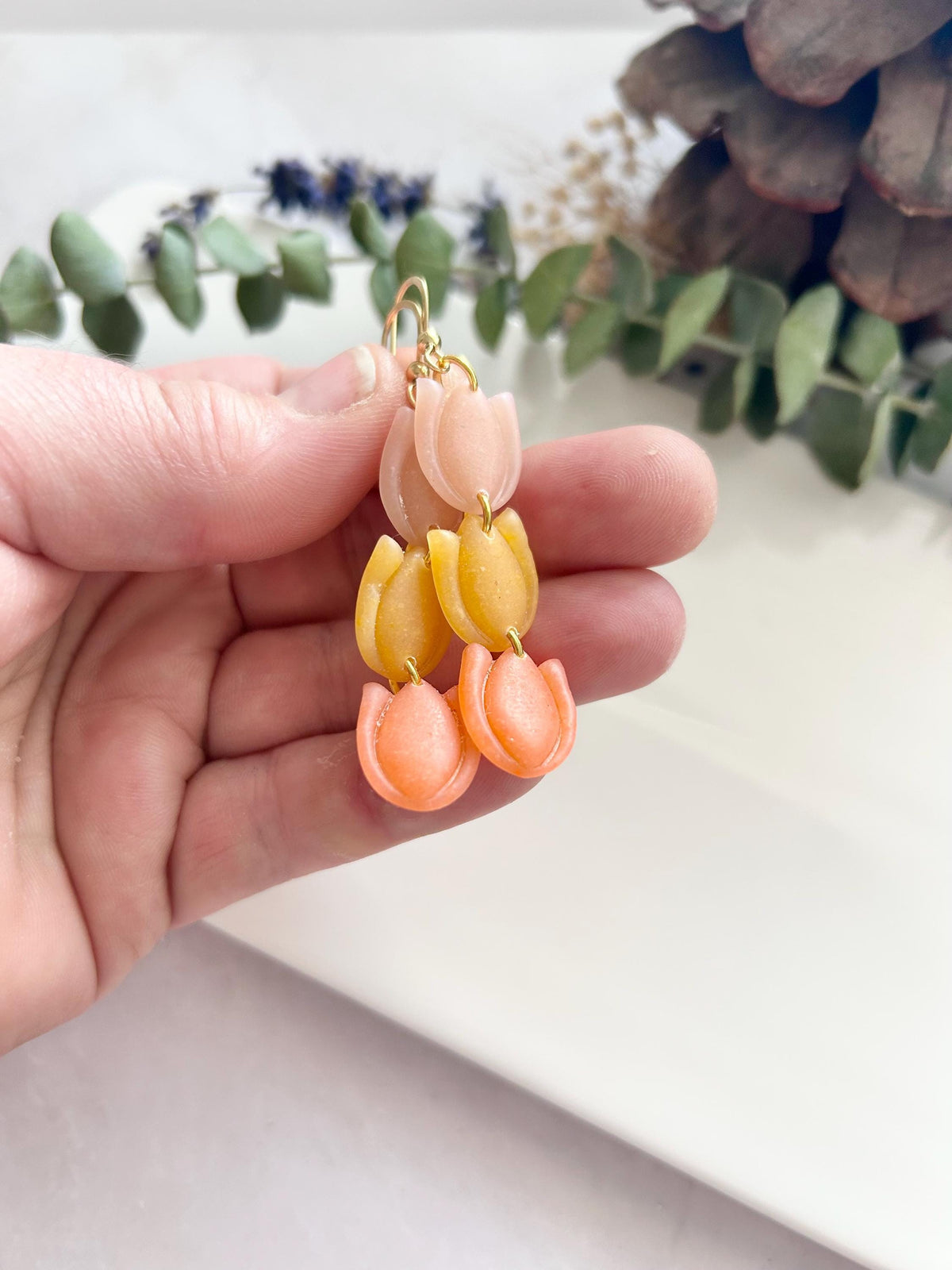 Multicolor Tulip Dangle Earrings, Long Dangly Pastel Clay Floral Boho Jewelry, Coral, Pink, Mustard
