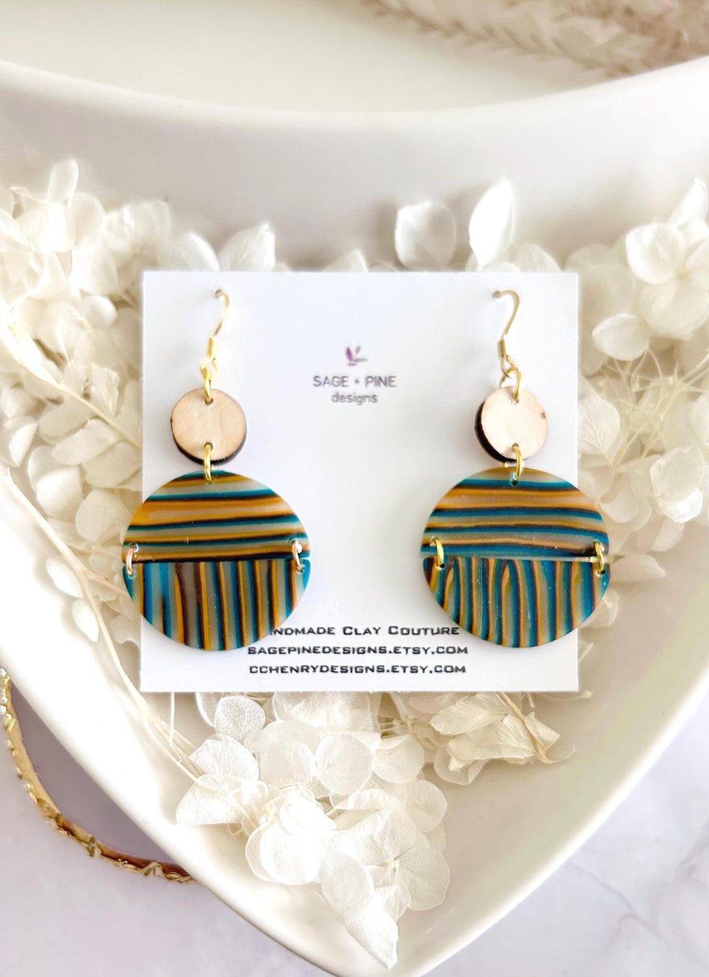 Burgundy Striped Earrings, Teal Mustard Fall Earrings, Multicolor Handmade Boho Wood Clay Drop Dangles