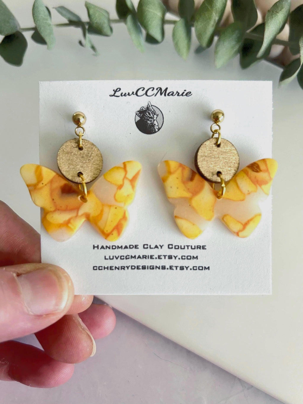 Yellow and Gold Butterfly Earrings, Daffodil Flower Clay and Wood Drop Dangles