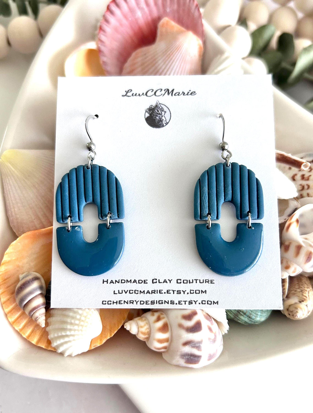Teal Blue Modern Geometric Stripe Minimal Dangle Earrings, Clay Arch Drop Dangles, Handmade Jewelry