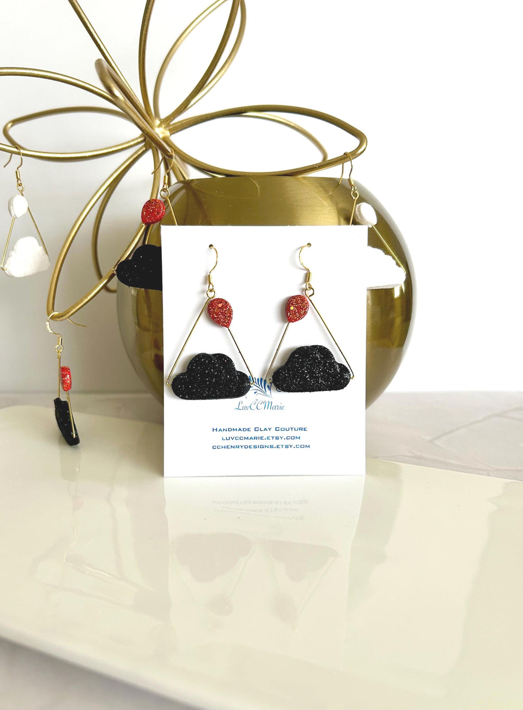 Rain Cloud Earrings, Red, White, Black, Gold, Handmade Clay Unique Gift
