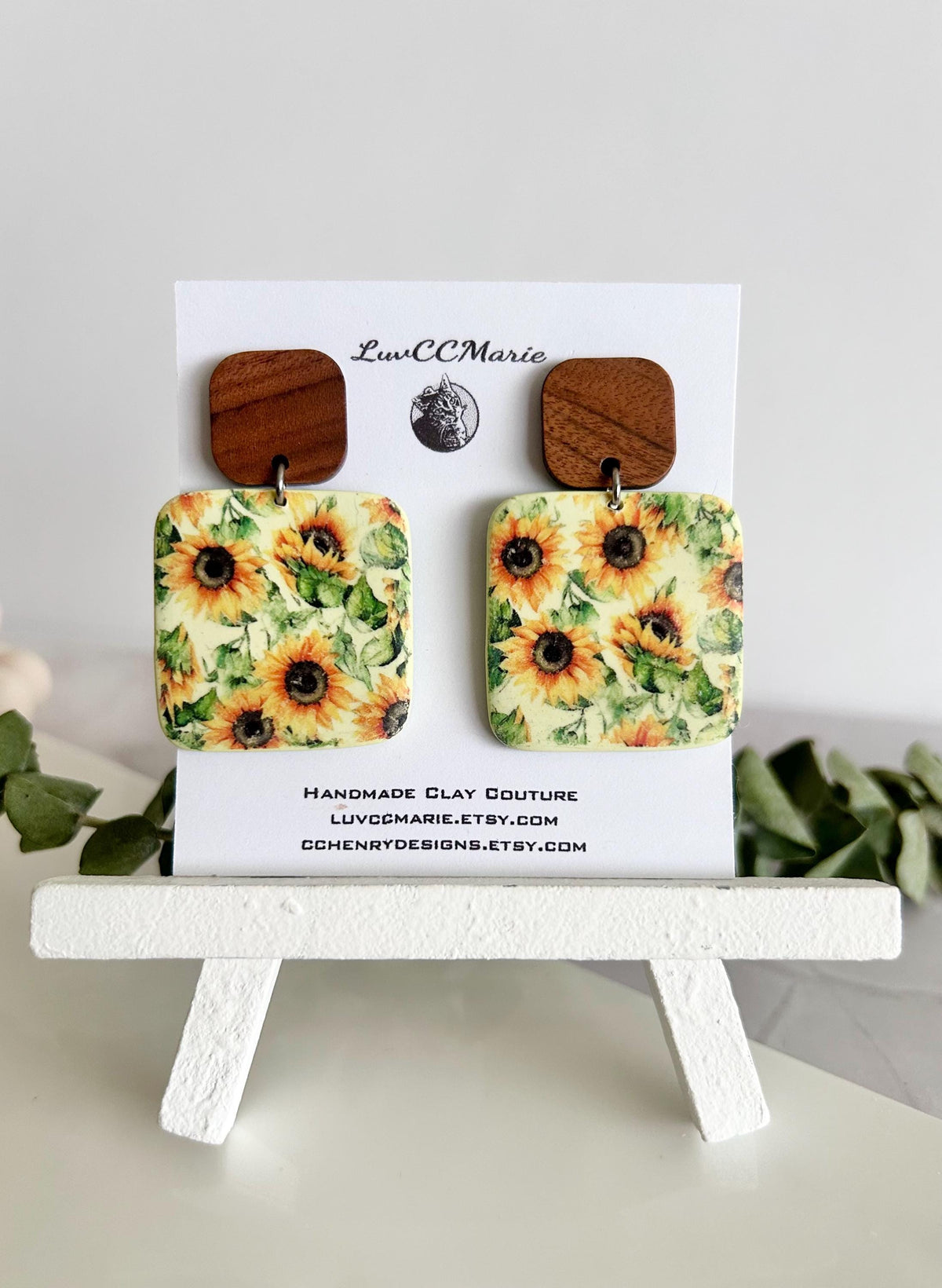 Boho Floral Earrings, Pale Yellow Wood Clay Dangles, Boho Sunflower Jewelry, Handmade Sunflower Themed Gift