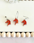 Fire Horse Earrings, Red and Silver Sparkly Dangles, Handmade Fashion Clay Jewelry