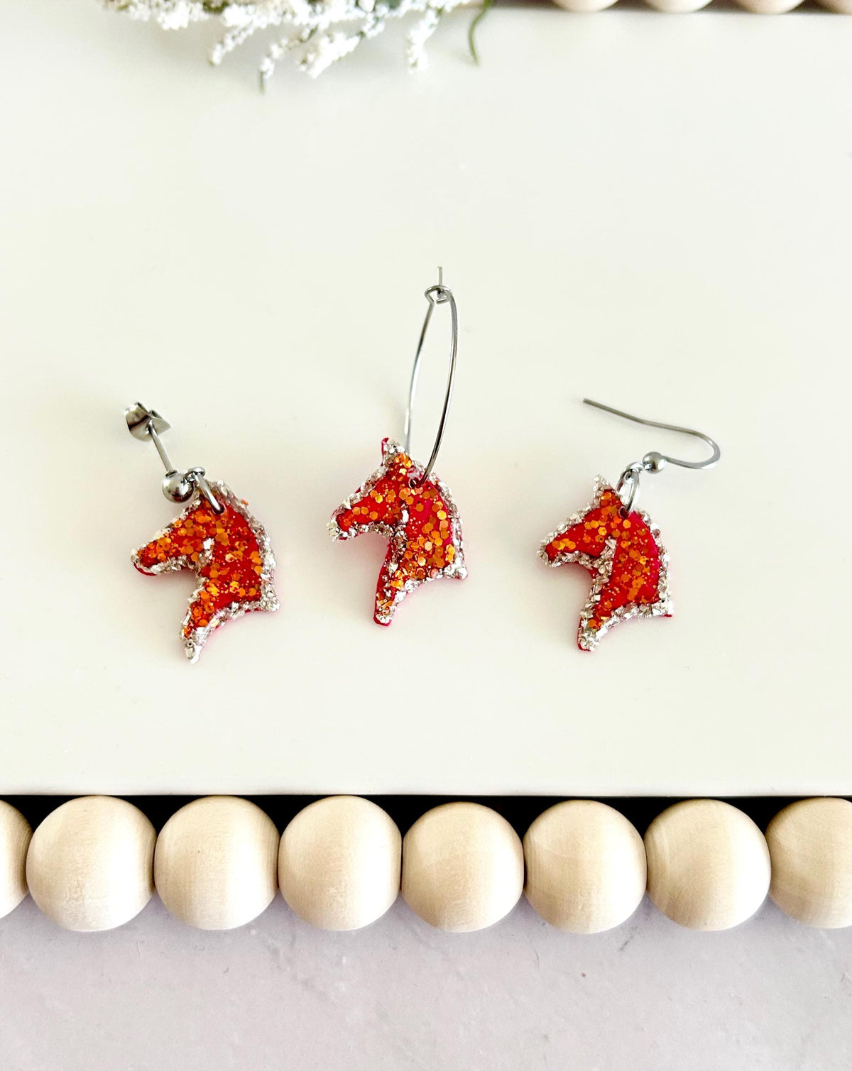 Fire Horse Earrings, Red and Silver Sparkly Dangles, Handmade Fashion Clay Jewelry