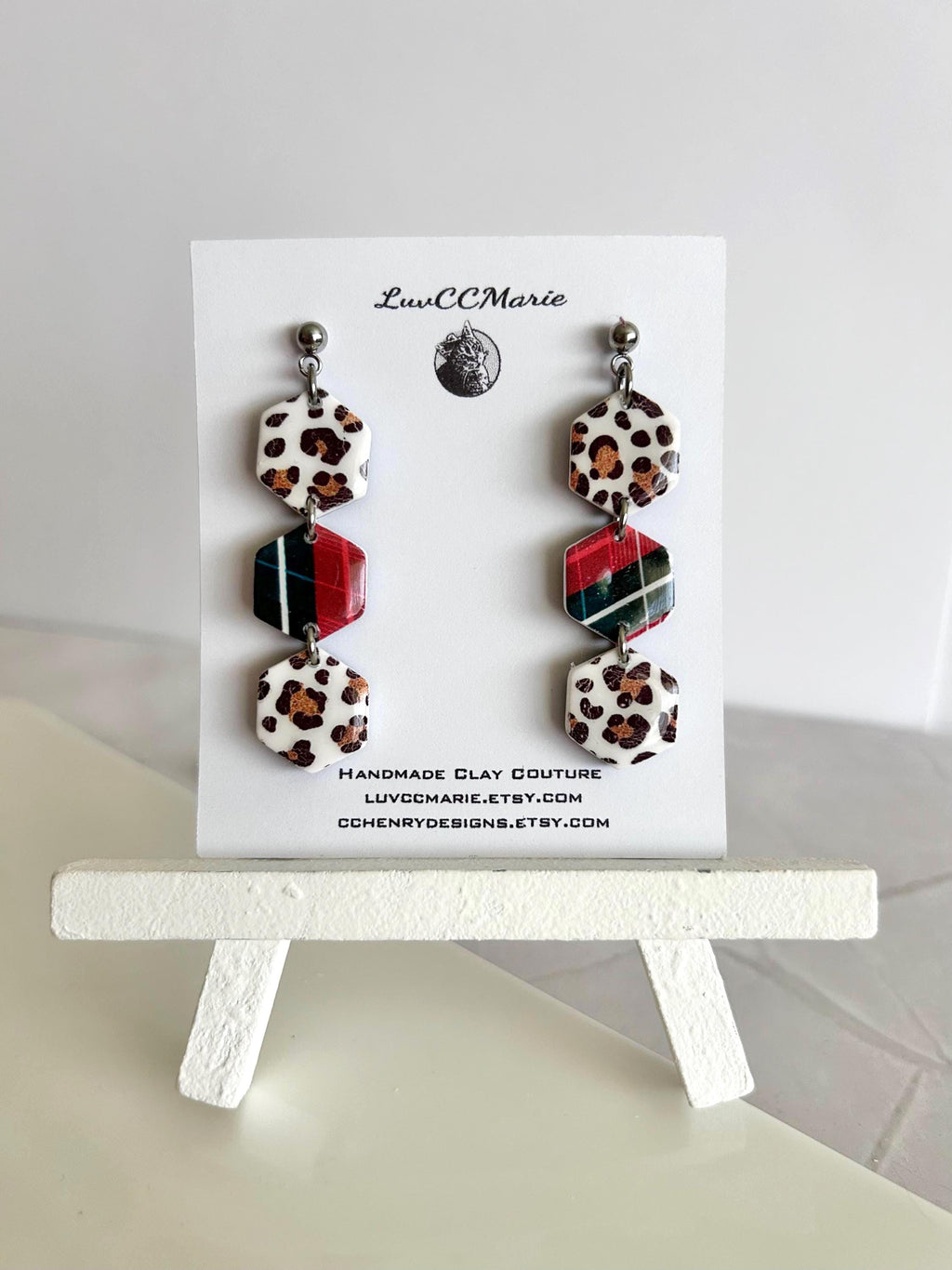 Cheetah Print Plaid Hexagon Daisy Chain Dangle Earrings: Handmade Boho Statement Clay Jewelry