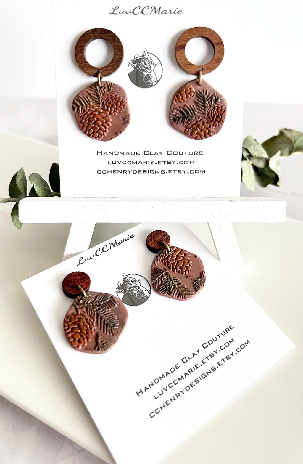 Pine Bough Clay and Wood Dangle Earrings, Fall Pinecone Walnut Stud Boho Jewelry
