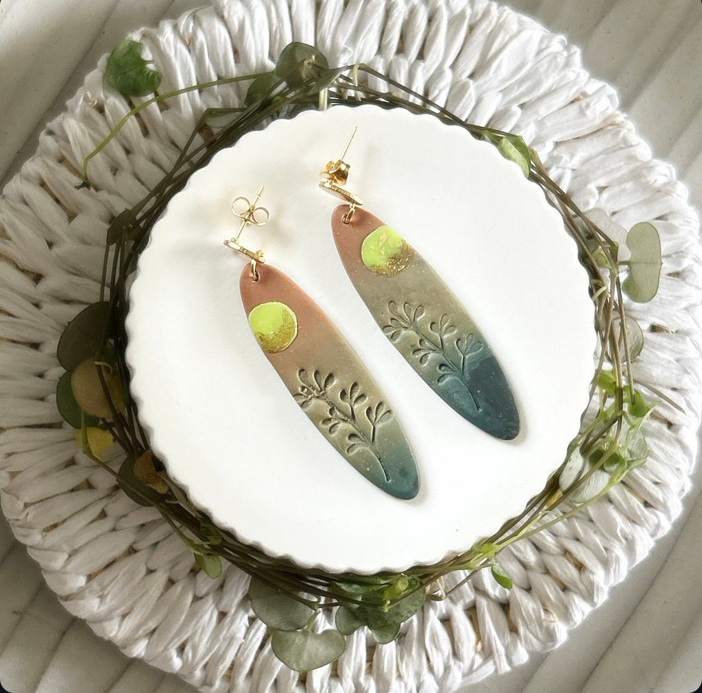 Surfboard Earrings, Orange and Green Moon Dangles, Embossed Clay Handmade Jewelry